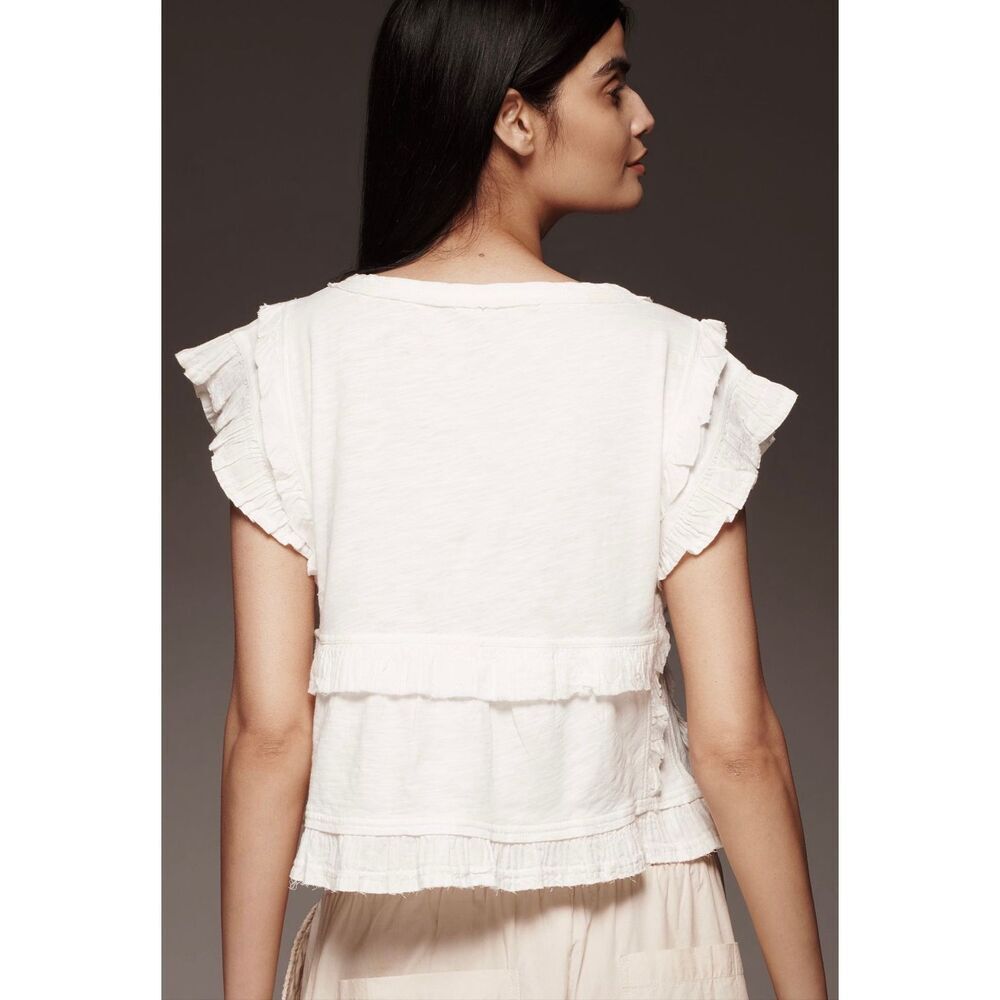 Anthropologie Pilcro Short Sleeve Ruffle-Trim Henley Baby Tee - Picture 3 of 7